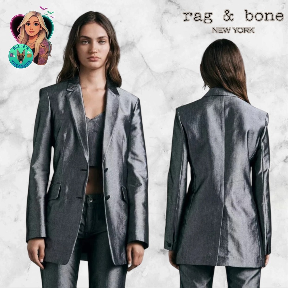 Rag & Bone Women's 2 Charles Shine Boyfriend Blazer Metallic Silver Jacket Coat